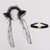 Lolita Fox Ear Cosplay Cat Headband & Erotic Bell Necklace Set with Cute Bow.
