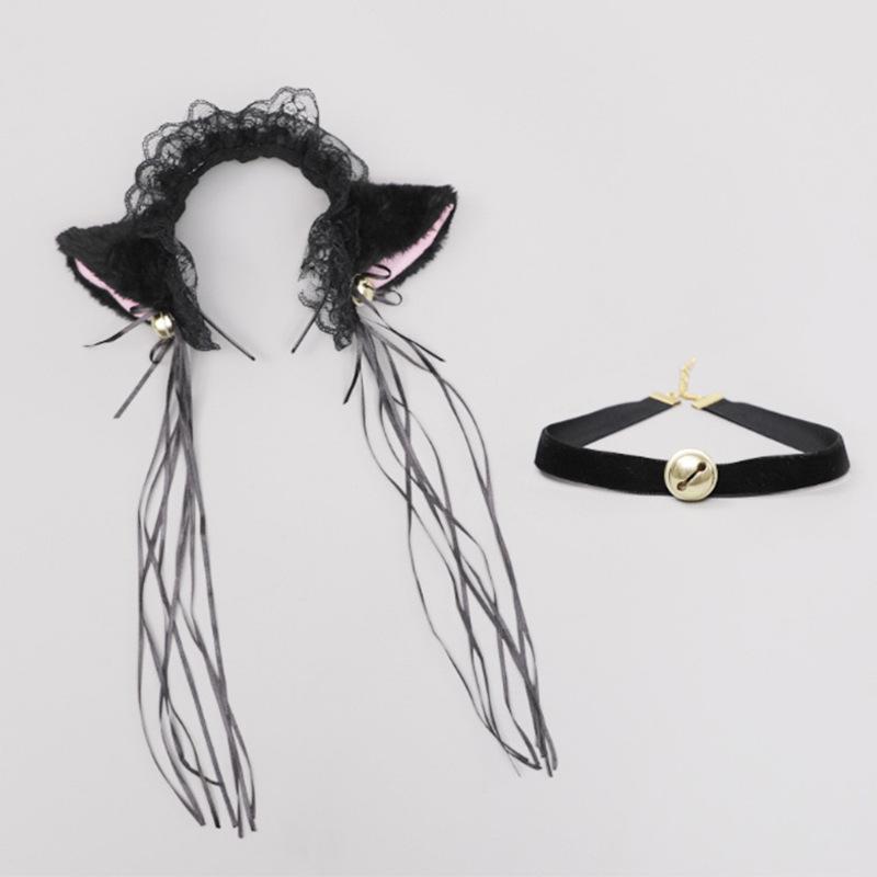 Lolita Fox Ear Cosplay Cat Headband & Erotic Bell Necklace Set with Cute Bow.