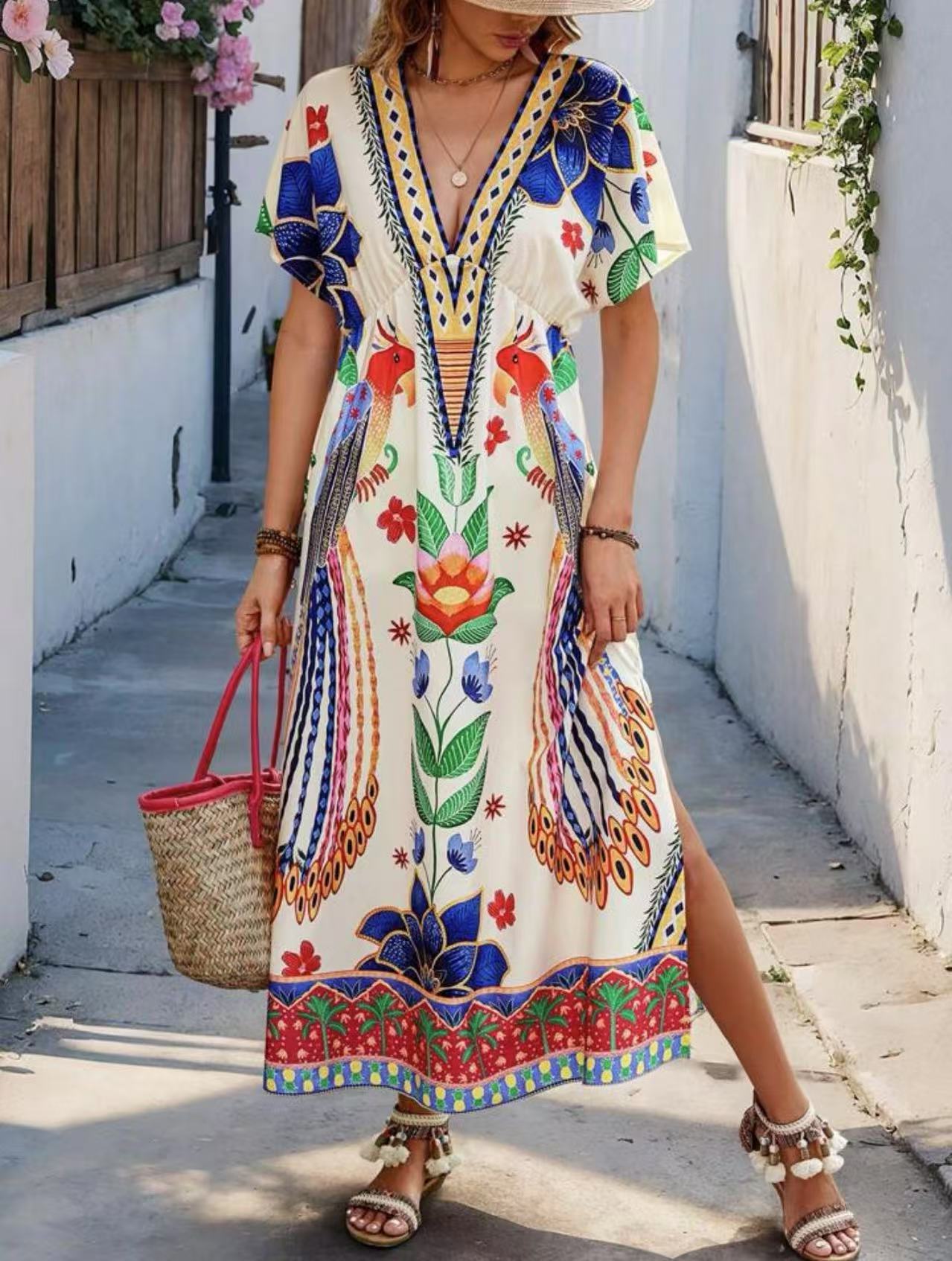 Europe, America 2026 summer new V-neck printing fashion loose short-sleeved long dress S