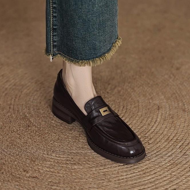 Leather Round Head Metal Buckle Summer New Black Middle Heel Platform 2025 Spring and Autumn Loafu Small Leather Shoes Women's Retro Trend
