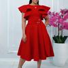 Womens Elegant Ruffle Sleeve Waist Tie A Line Midi Evening Dress
