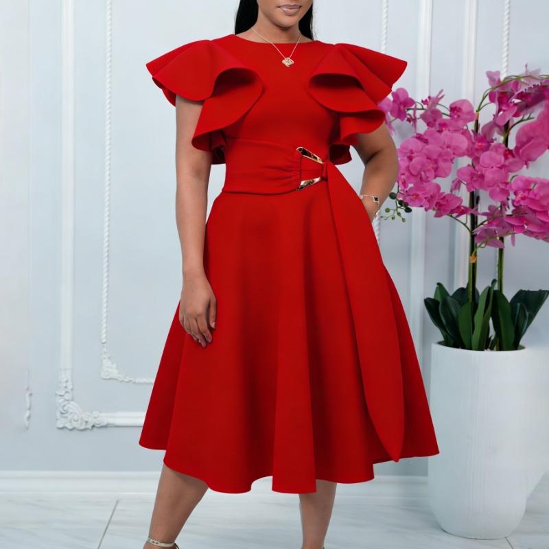 Womens Elegant Ruffle Sleeve Waist Tie A Line Midi Evening Dress