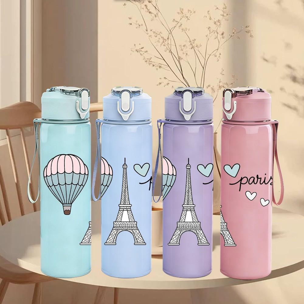 1PC Paris Eiffel Tower Hot Air Balloon 750ml Color Plastic Sports Water Bottle Leakproof Flip Straw Lid Suitable for Sports Office Home Use