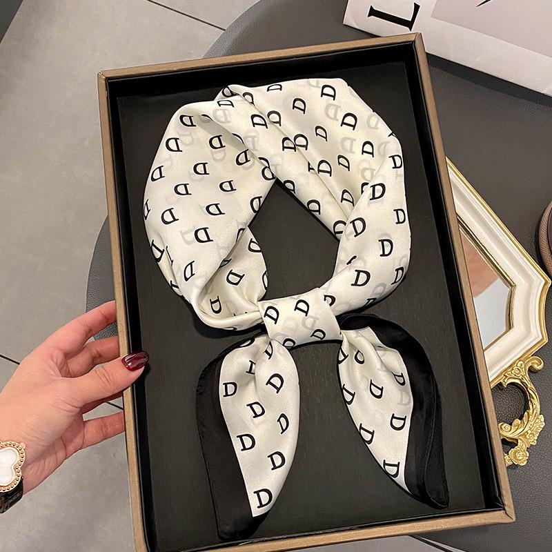 Luxury Design Silk Skinny Scarf Bag Handle Ribbon Ladies Little Cat Print Headband Small Hair Scarves Band Female Handkerchief