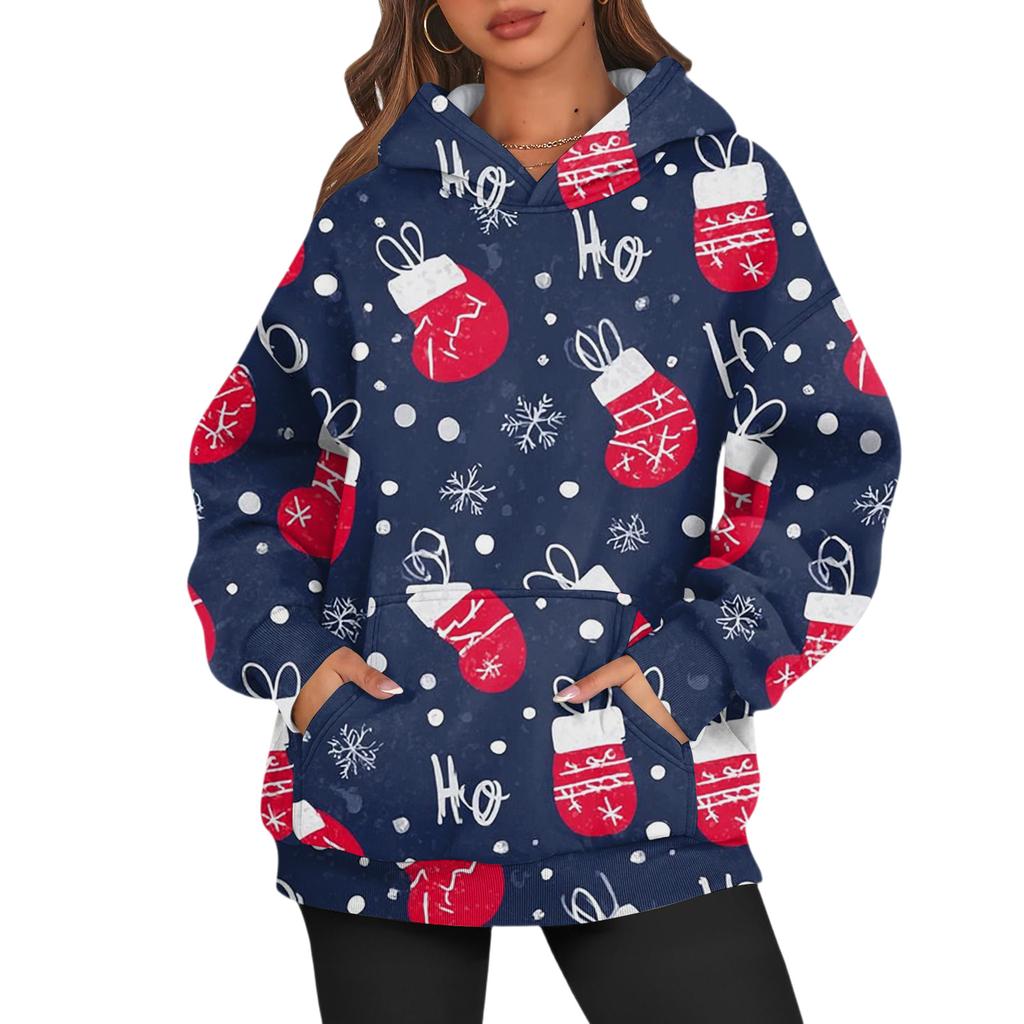 Women's Fashion Long Sleeve Hooded Christmas Printed Top Sweatshirt