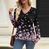 Women's Casual Fashion V-Neck Raglan Pleated Floral Print Long Sleeve Top