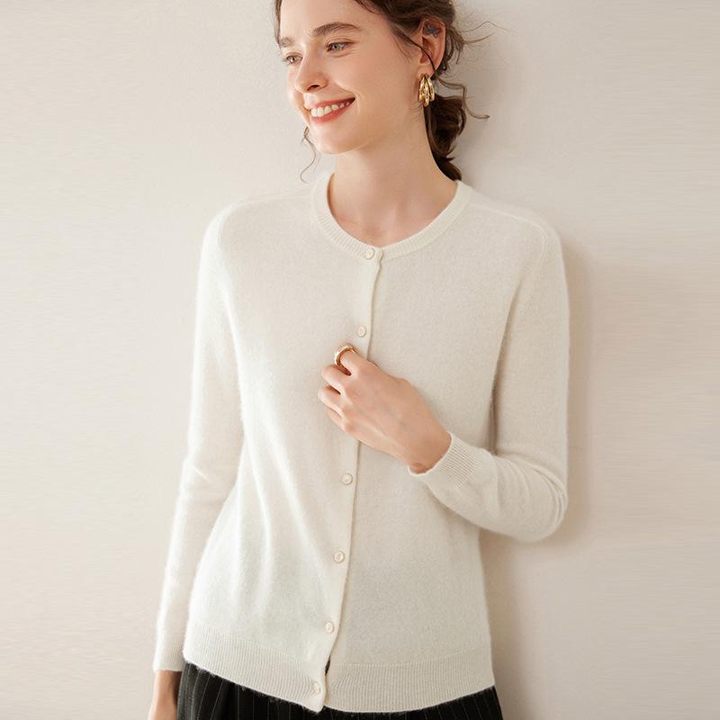 Women's Round Neck Cashmere Knit Cardigan - Long Sleeve, Loose Fit, Fashionable Outerwear for Autumn/Winter