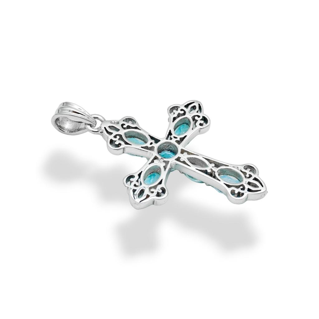 Blue Topaz Cross Pendant, 925 Sterling Silver Gemstone