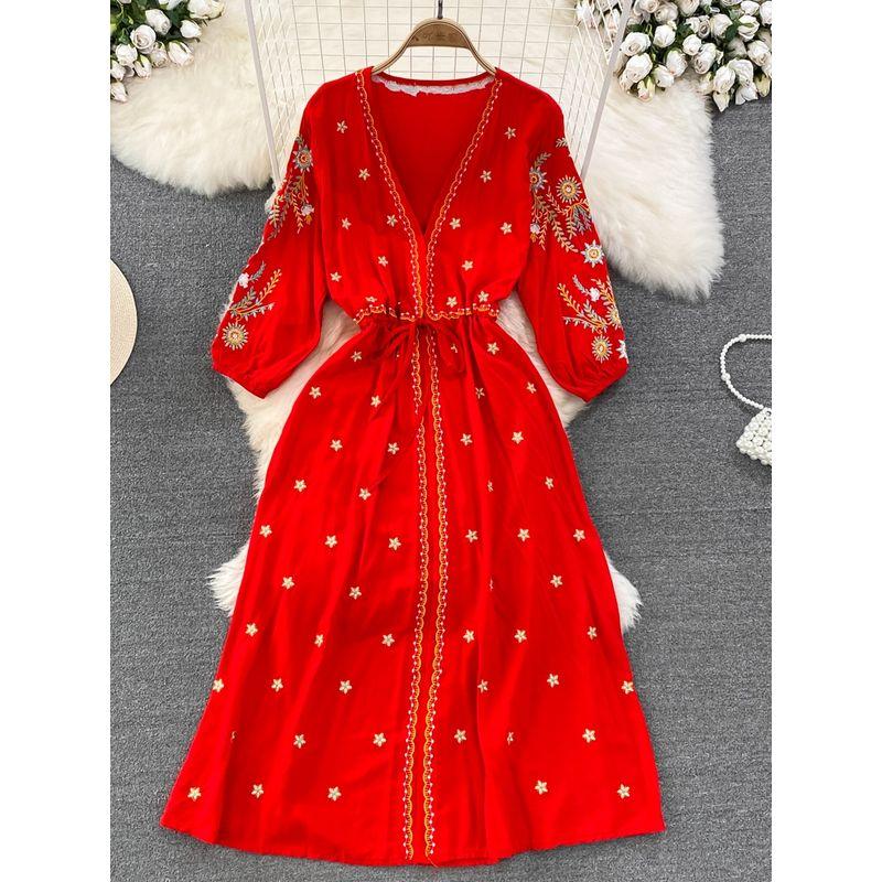 Ethnic Style Yunnan Travel V Neck A- line Dress Embroider