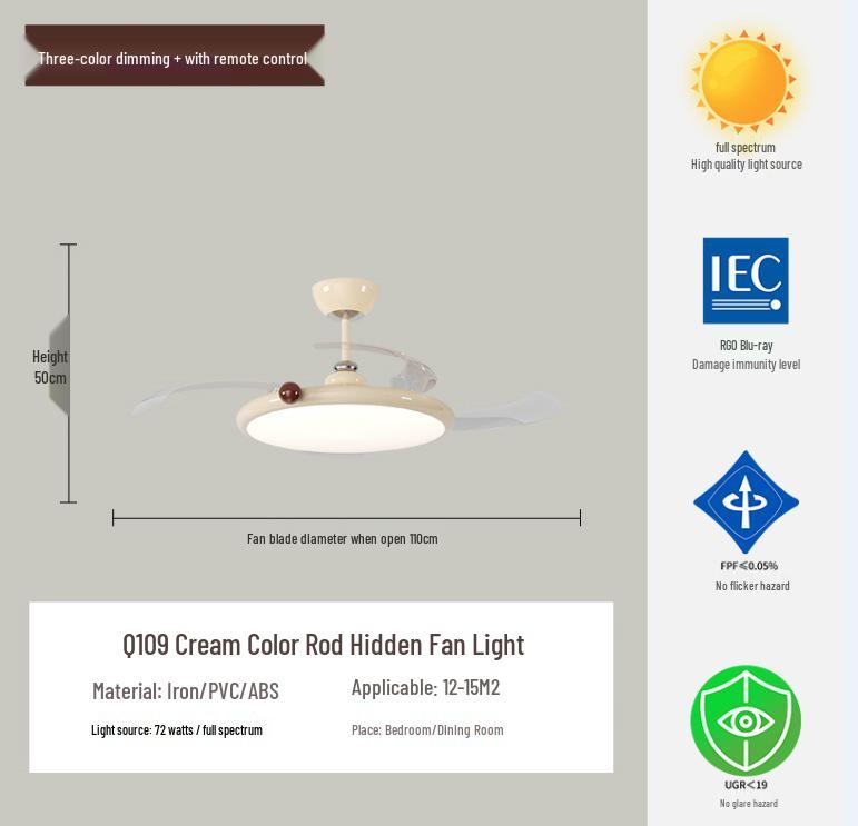 Cream Retro Ceiling Fan Light 2025 Model: Stylish Full Spectrum LED for Dining & Bedroom, Eye Protection