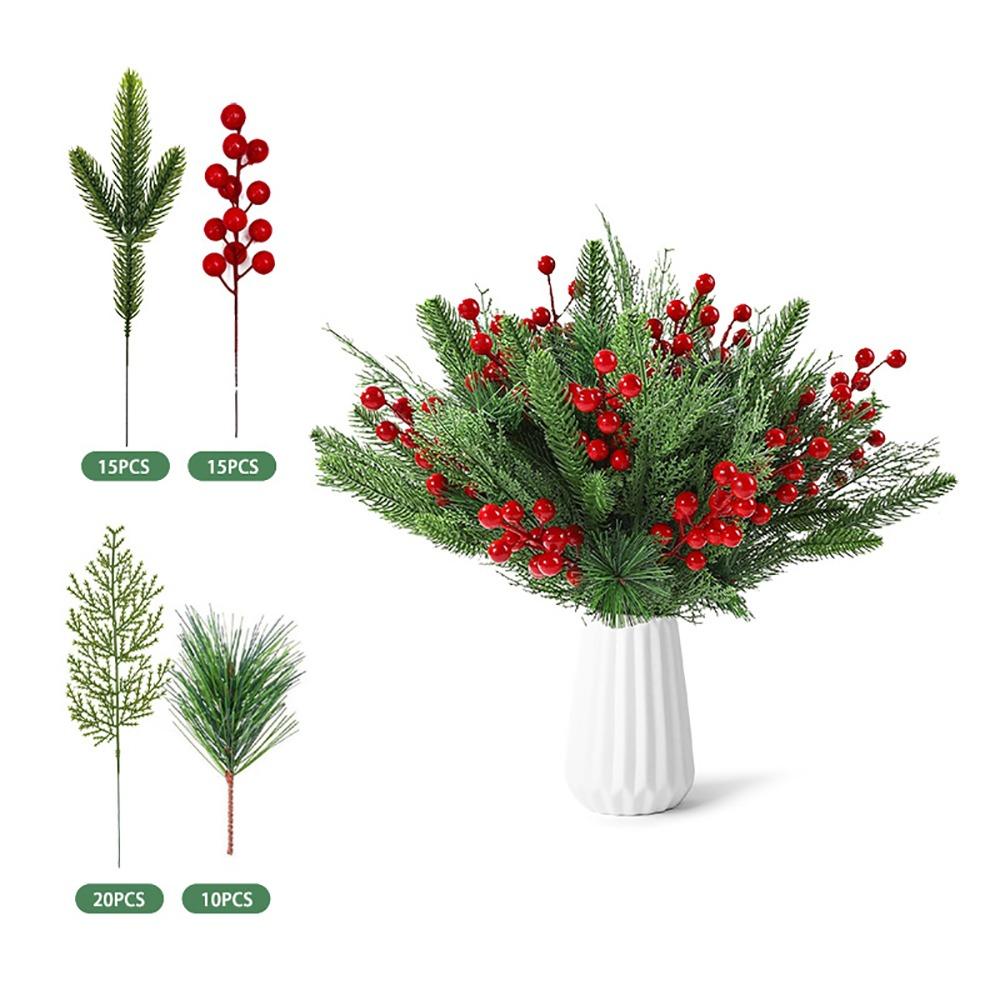 Red Berries Christmas Artificial Pine Branches Plastic Greenery Leaves Fake Cedar Pine Accessories DIY Faux Pine