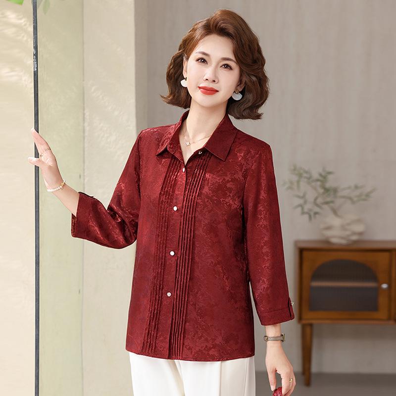 2026 Spring/Summer Stylish Seven-Sleeve Printed Top for Middle-Aged & Elderly Women 5XL (72.5-77.5kg) вино красного