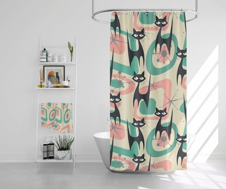 Atomic Cat Mid Century Modern Starburst Shower Curtain, 60s Retro Geometric Pink, Mint, Gray MCM Bath Decor