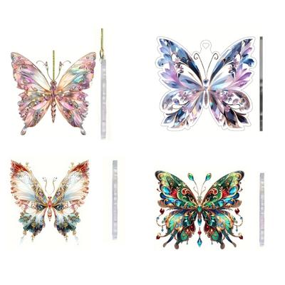 Colorful Acrylic Butterfly Pendant with Crystal Like Detail 2D Flat Ornament for Car Rear Mirror and Window Decoration