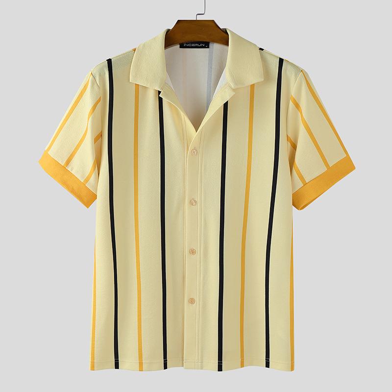 

INCERUN Oversized Men Short Sleeve Striped Print Buttons Casual Loose Shirts Tops S