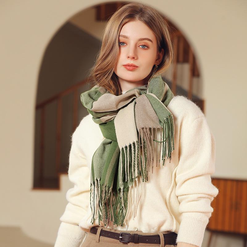 Xale feminino de inverno com imitação de caxemira xadrez, cachecol quente e gola com borla