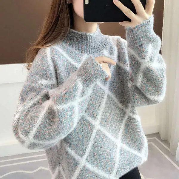 Pullover mit halbem Stehkragen, Nerzimitat, Samt, verdickte Pullover für Damen, Herbst und Winter, lockere, lässige Strickpullover