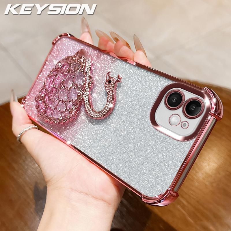 KEYSION Shockproof Plating Phone Case for iPhone 11 12 Pro Max Clear TPU Glitter Jewelled Swan kickstand Back Cover for iPhone 11