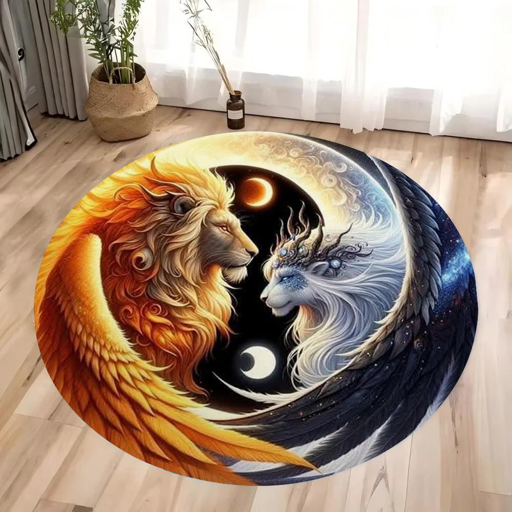 Yin Yang Mythische Kreaturen Muster Runder Fußabtreter Lebhafte Drachen und Glücksbringende Tiere Rutschfeste Fußmatte für Heimdekoration