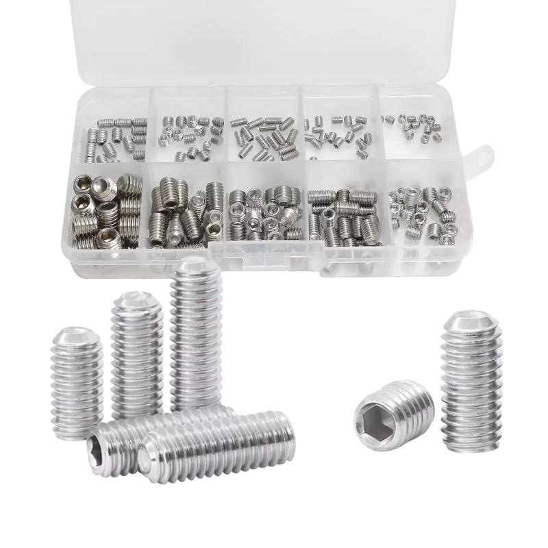 200Pcs Hex Socket Headless Machine Rice Combination Kit Flat End 304 Stainless Steel Screws M3/M4/M5/M6/M8 for Hardware Tools