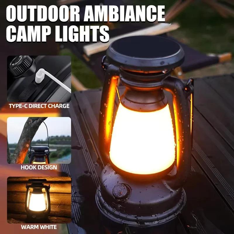 Solar Camping Light USB Rechargeable Outdoor Light Hanging Stepless Dimming Portable Table Lamp for Bar Camping Hiking Emergency