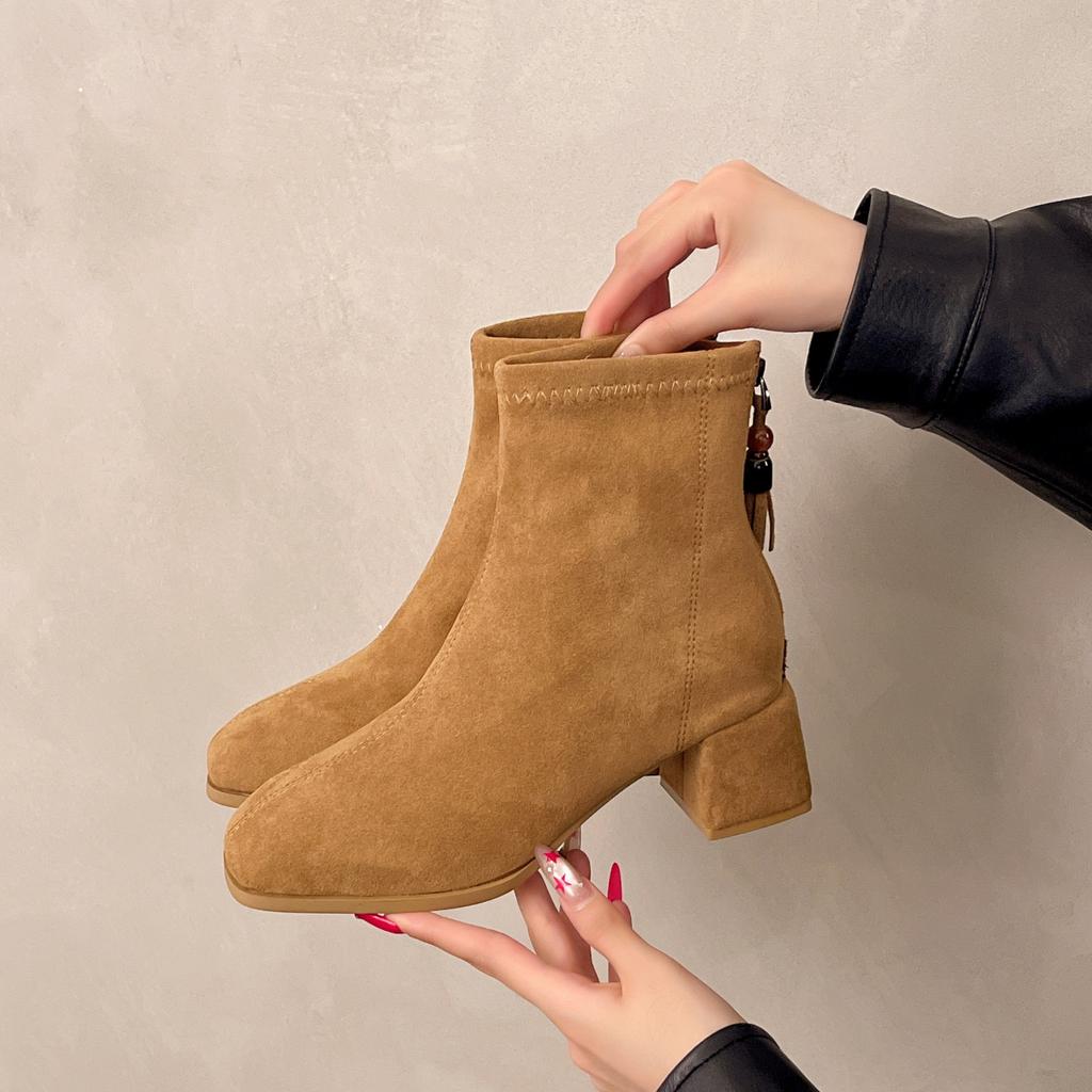 French 2025 Autumn and Winter New Thick Heel Round Head Thin Middle Heel Back Zipper Suede High Heel Fashion Boots Women
