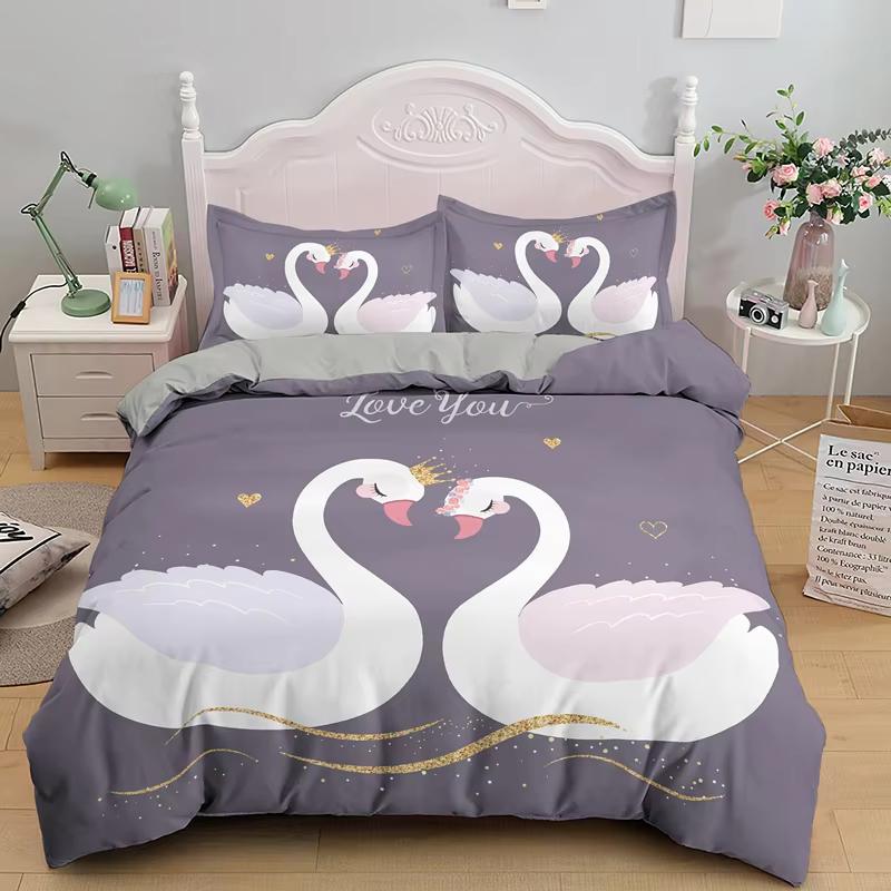 Swan Duvet Cover Set Single King Girl Crown Comforter Cover Romantic Floral Bedding Set Polyester Princess Style Bedspread Cover