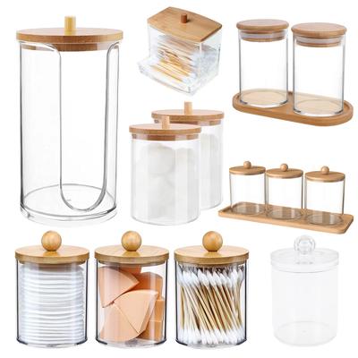 Acrylic Storage Box Bathroom Jar Makeup Organizer Cotton Round Pad Holder Cotton Swab Box Qtip Holder Dispenser with Bamboo Lid