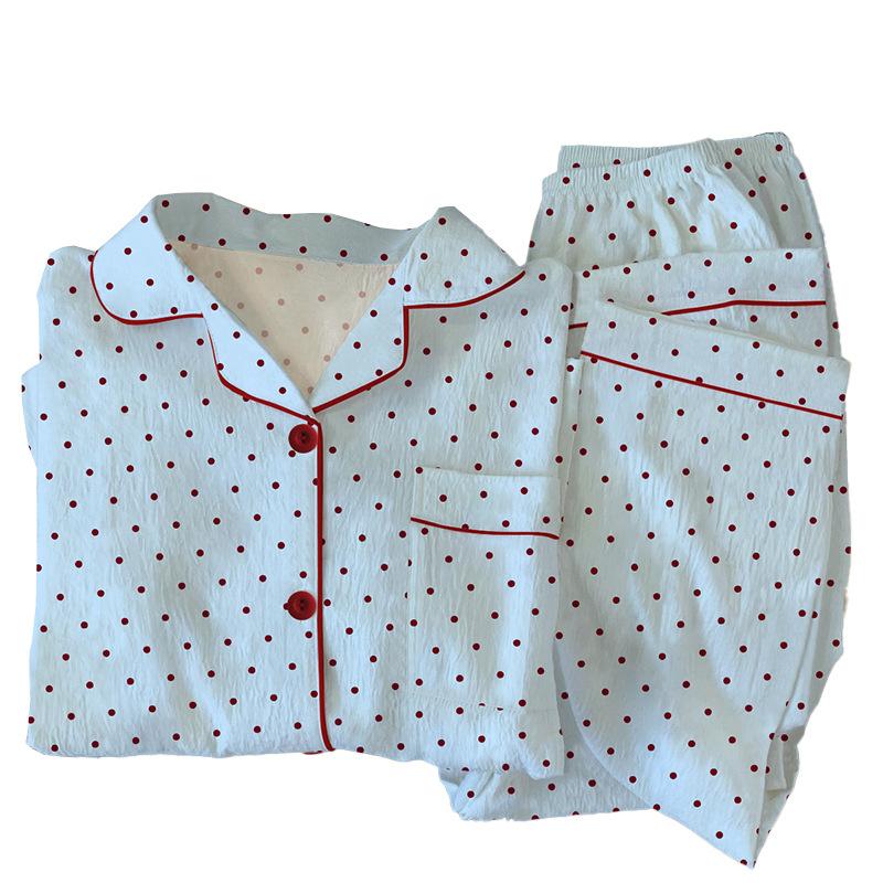 Light Luxury Pajamas Women'S Spring Wrinkled Cloth Long-Sleeved Trousers Thin Sweet Polka Dot Suit Can Be Worn Outside Loungewear