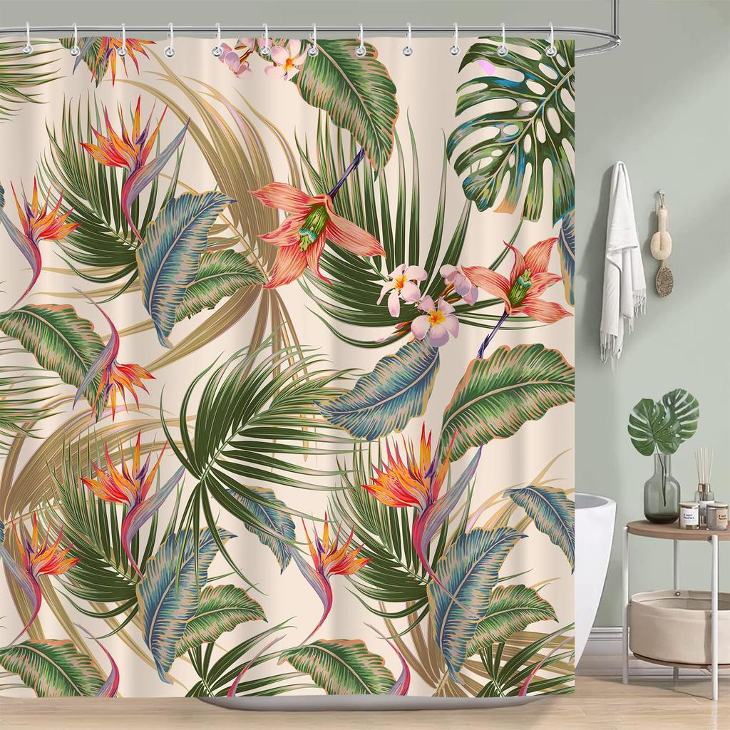 Tropical Shower Curtain Colored Leaves Flower Palm Leaf Hawaiian Plant Bathroom Curtain Tarpaulin Shower Curtain With Hook