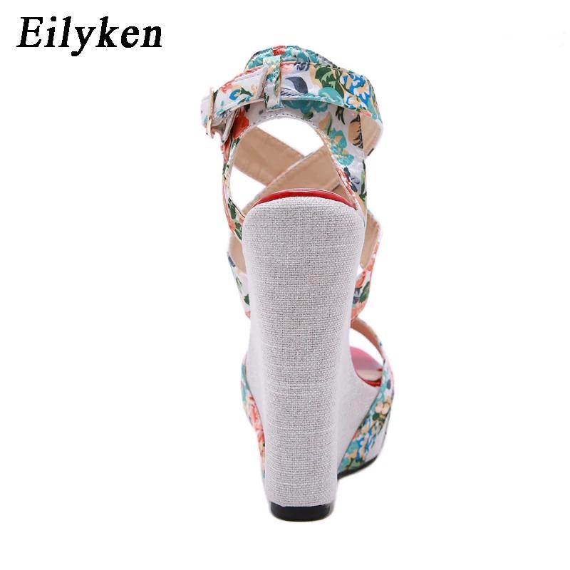 Fashion Eilyken Summer Fashion Wedge Platform Sandals Woman Buckle Strap Silk Printed Sexy Female Party Casual Shoes