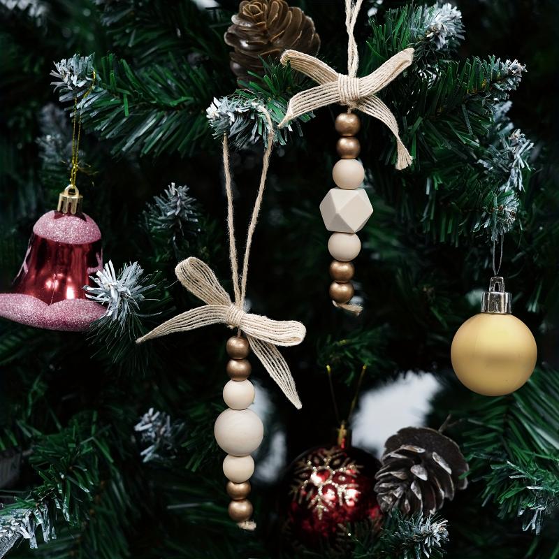 24pcs Bohemian Wooden Bead Christmas Tree Ornaments Natural Wood Beads & Gold Beads Bows Hanging Decor for Wreaths Holiday Trees