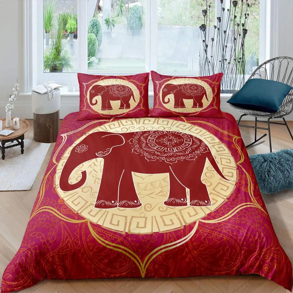 Elephant Soft Duvet Cover Set Ful,Boho Vintage High-End Premium Beding Set Exotic Mplusala Comfortable Quilt Cover Tribal Ethnic Warm Comforter Cover