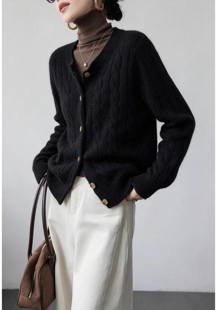 Autumn 2026 Women's Round Neck Cable Knit Cardigan - Long Sleeve, Single-Breasted Sweater.