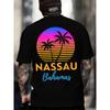 European Sizes Men's Vintage Nassau Bahamas Beach Vacation T-Shirt - Black Retro Tropical Back Print Tee with Palm Trees & Sunset