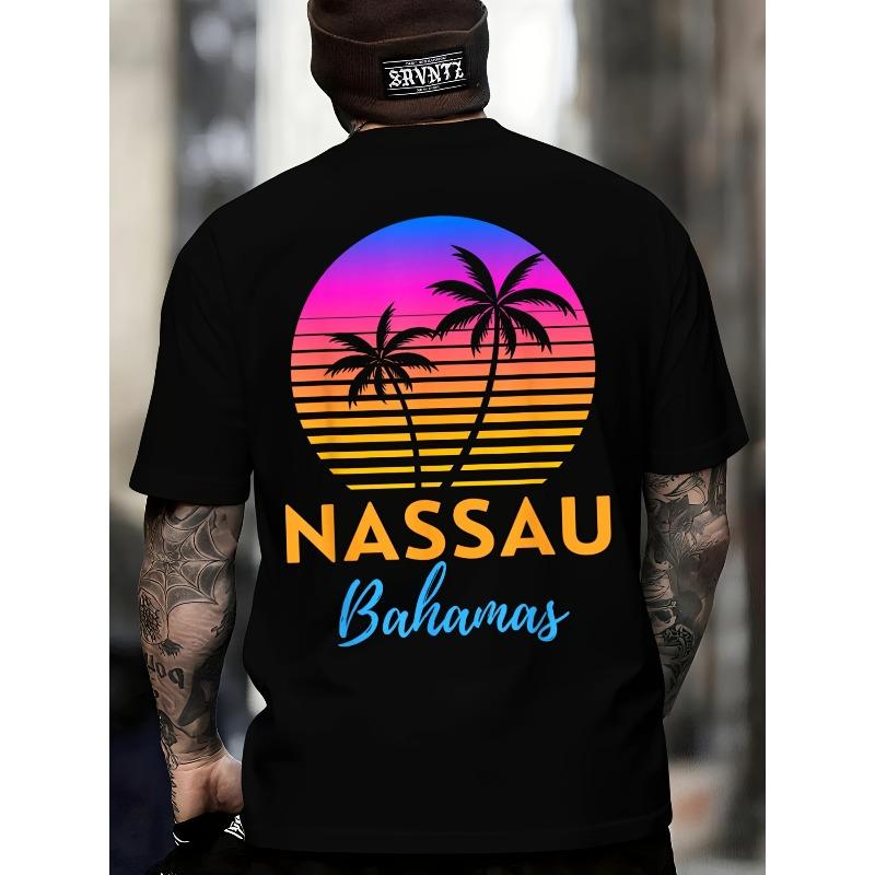 

European sizes Men s Vintage Nassau Bahamas Beach Vacation T-Shirt - Black Retro Tropical Back Print Tee with Palm Trees & Sunset 4XL чорний