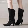 Wildleder Damen Mid-Calf Stiefel Spitzschuh Mittelhohe Absätze Schuhe 2025 Trend Designer Winter Chelsea Boots Mode Pumps Goth Botas Mujer