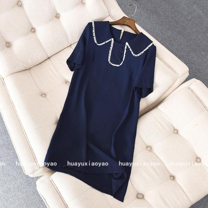 

New Summer New Arrival Commuting Elegant Lotus Leaf Collar Contrast Color Lace Guest Encryption Short Sleeve Chiffon Dress Dark blue S