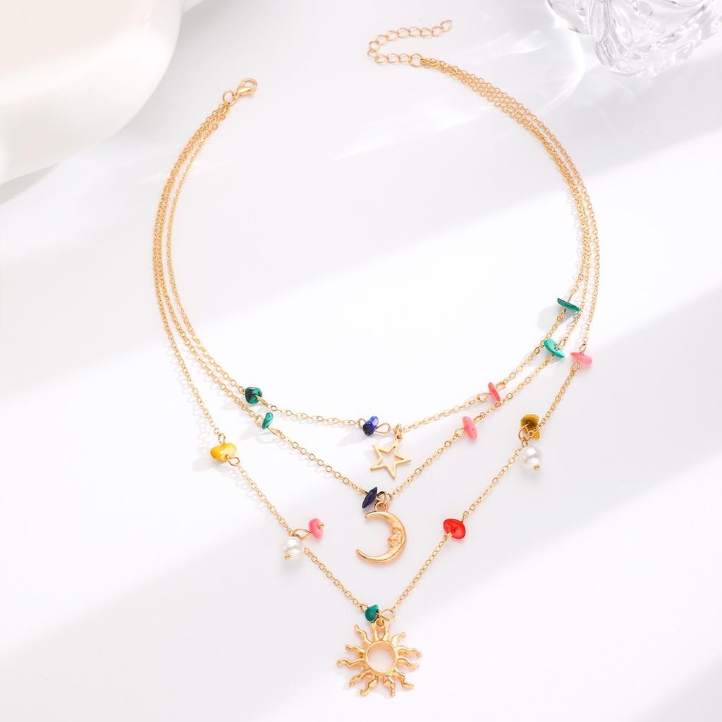 Layered Star Moon Sun Pendant Necklace with Colorful Beads and Pearls Bohemian Style Women Jewelry
