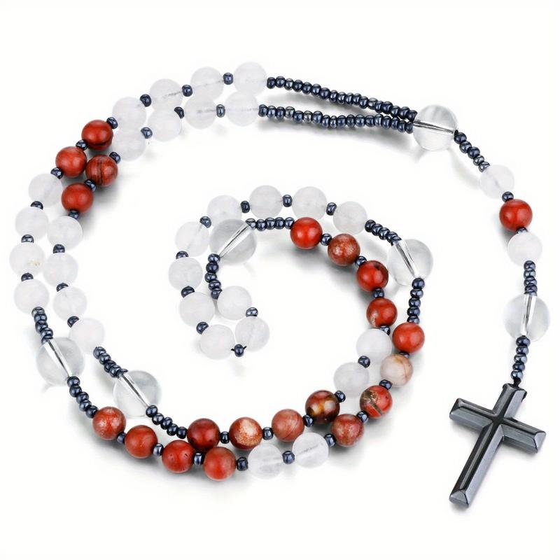 Red Stone White Crystal Rosary Beads Necklace for Women Men Catholic Christ Hematite Cross Pendant Meditation Mala Jewelry