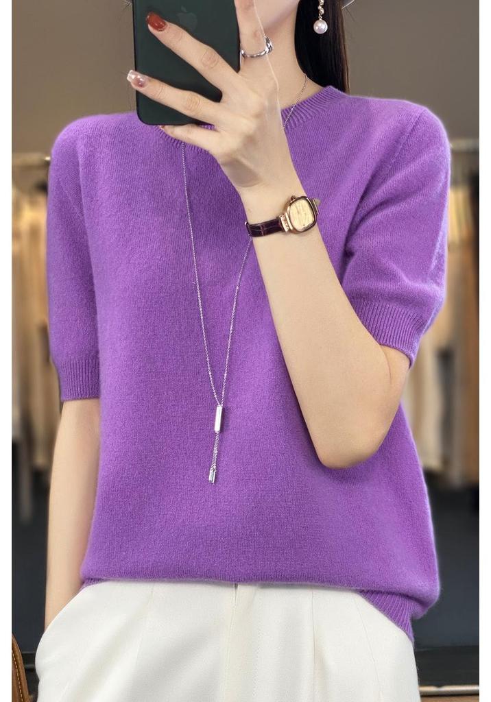 2024 Autumn/Winter Women's 100% Wool Round Neck Knit Top - Solid Color, Short Sleeve, Versatile Design