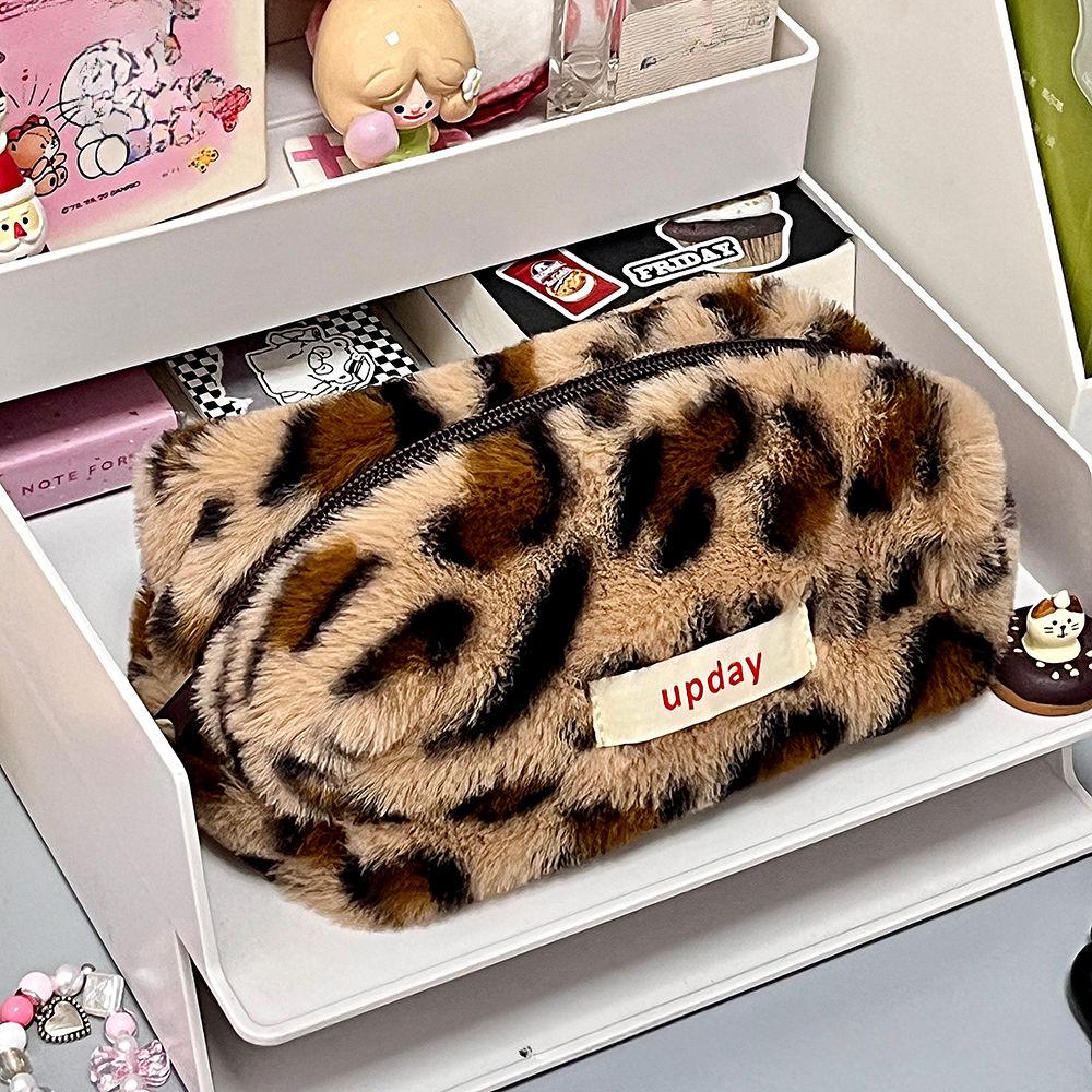 Leopard Print Pencil Case Large-capacity Fluffy Pencil Case Student Pencil Box Storage Makeup Bag