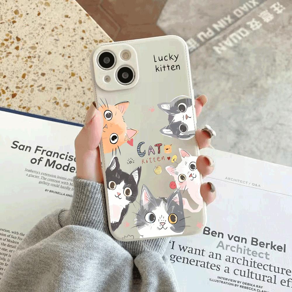 Cute Cartoon Cat Pattern Phone Case For iPhone 16 15 14 13 12 11 Pro Max Mini X XS SE 7 8 Plus 16E Shockproof Soft Cover Fundas