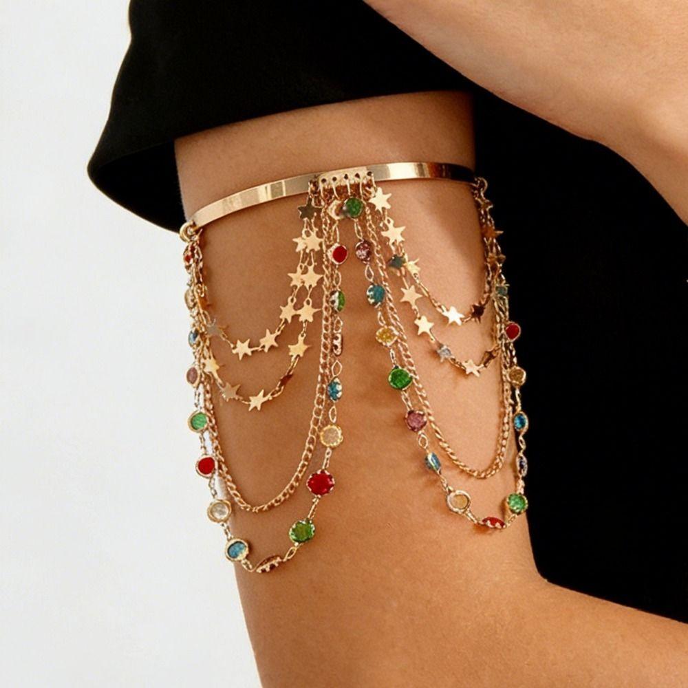 Resort Wind Open Arm Bracelet Punk Style Tassel Arm Ring Metal Hanging Chain  Vacation Style