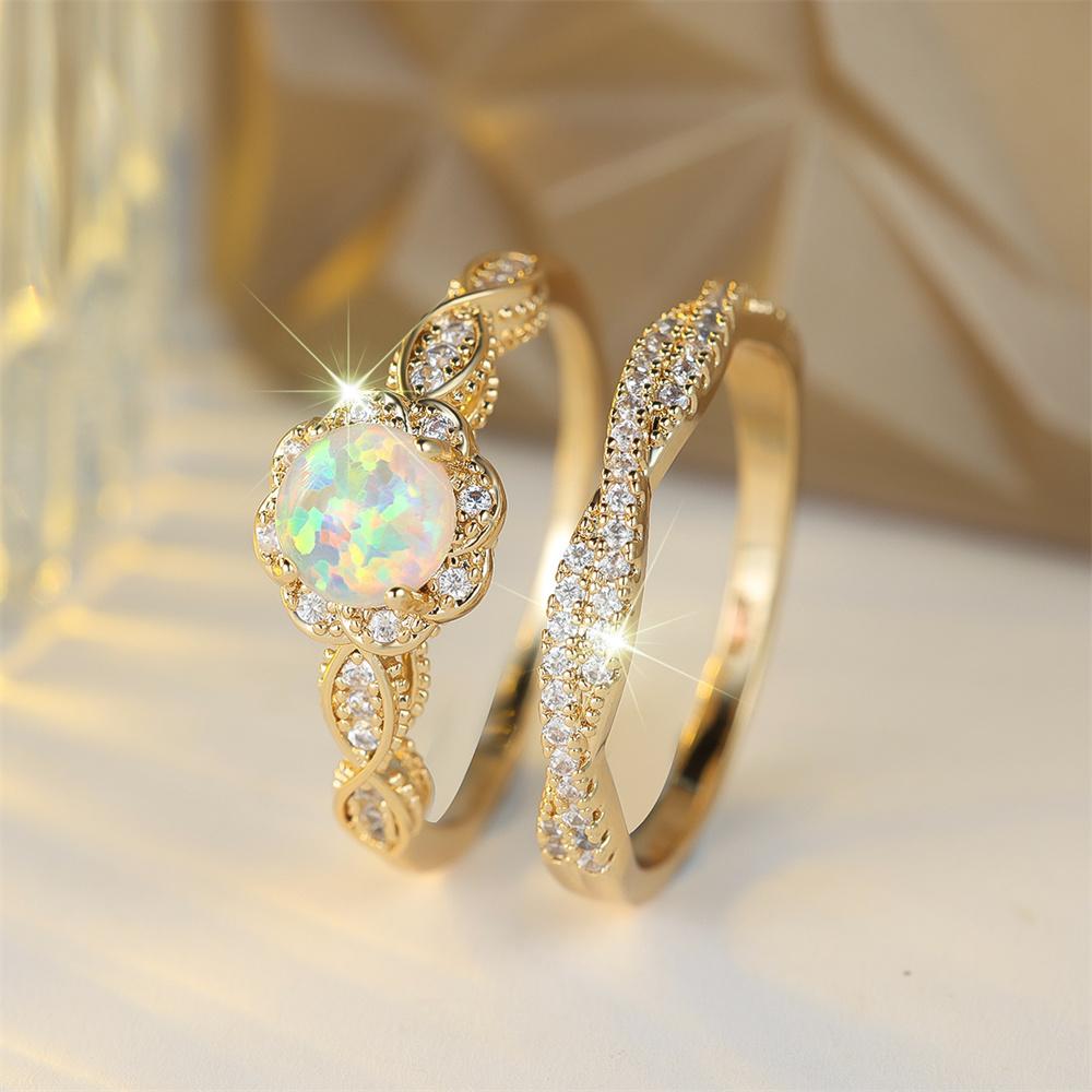 White Fire Opal Round Stone Ring Sets For Women Vintage Gold Color Engagement Rings Set Wedding Jewelry Bridal Versatile Gifts