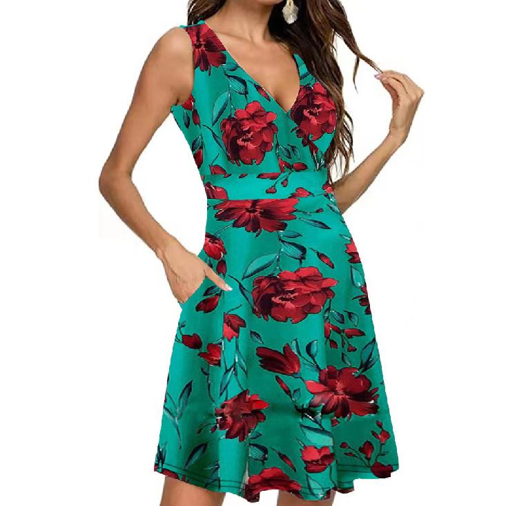 Women Elegant V-Neck Fashion Printed Pocket Sleeveless Dresses Summer Ladies Casual Short Dress Female Party Vestidos