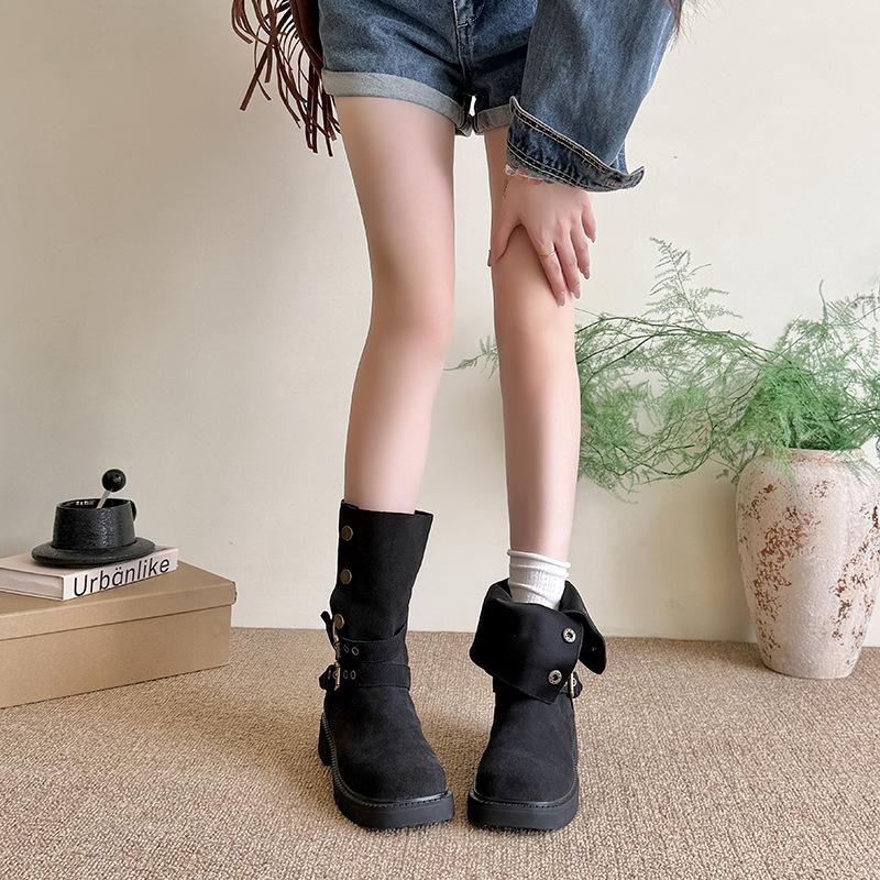 British Retro Suede Medium Boots Children Thick Heel Thick Sole Belt Buckle Cowboy Boots Lapel Two Wear Spring and Autumn Short Boots
