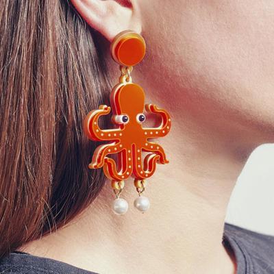 Creative Lady Acrylic Lobster Octopus Faux Pearl Pendant Statement Stud Earrings