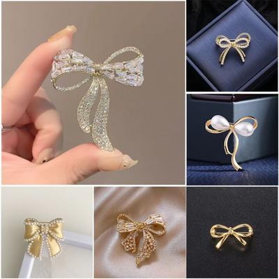 Elegant Shiny Bowknot Brooch Zinc Alloy Hollow Rhinestones Brooch Small Bow Lapel Pins for Lady Dress