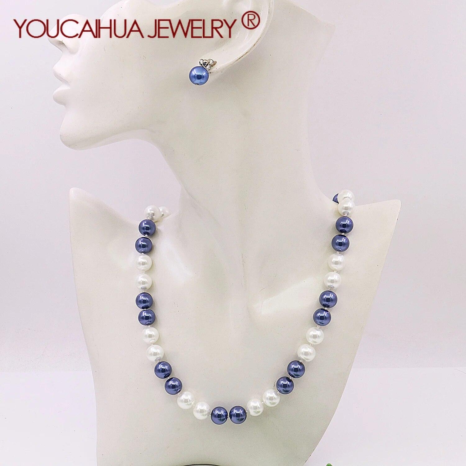 

8/10 мм, белый/синий, 2 цвета, лоскутное ожерелье с жемчугом и серьгами, классическая застежка, женские ювелирные изделия/дизайн, подарки на счастливую вечеринку